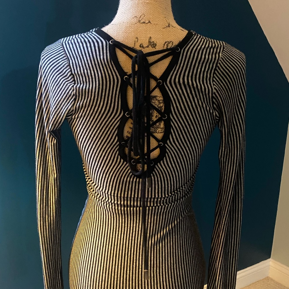 GUESS Black and Grey Striped Long Sleeve Top with Lace Up Back
